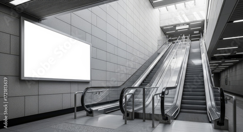 Fototapeta Naklejka Na Ścianę i Meble -  Advertise your brand with a modern blank billboard ad space beside escalators in a sleek metro station for effective promotion