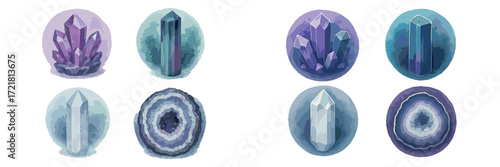 Watercolor crystals in various shapes and colors perfect for artistic designs and illustrations