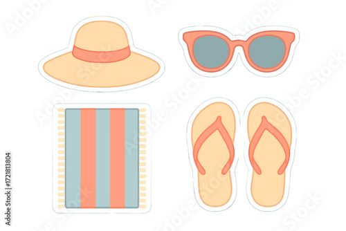 Summer beach accessories including a sun hat, sunglasses, towel, and flip-flops for a relaxing day in the sun