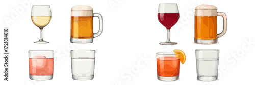 Variety of drinks displayed on a table, including wine, beer, cocktails, and soft drinks in a casual setting