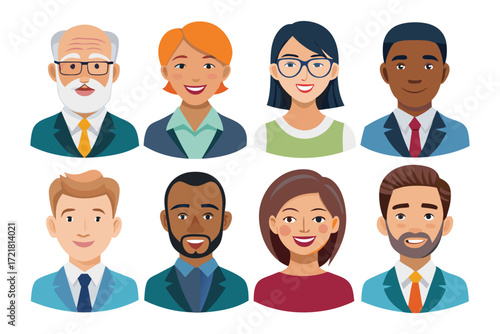 Diverse group of professionals in business attire, smiling and showing positive expressions