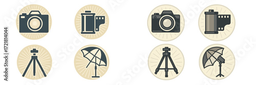 Photography essentials including cameras, film, tripods, and lighting equipment for creative projects and events