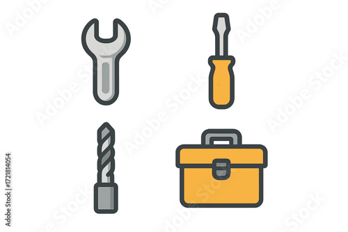 Tools and toolbox displaying a variety of hand tools such as a wrench, screwdriver, and drill bit for practical use