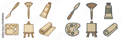 Art supplies including brushes, palette, canvas, and tools for painting setup in a creative workspace