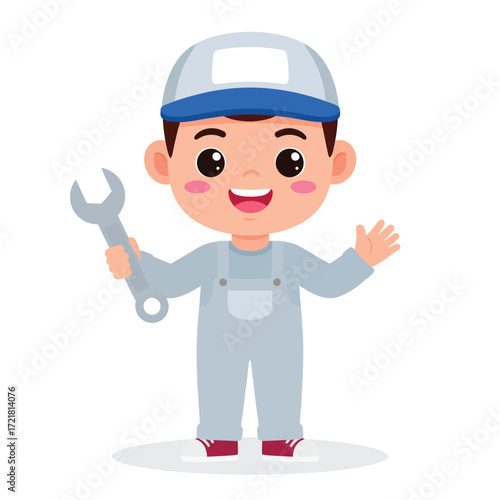 Cute Cartoon Style Happy Boy Mechanic Holding Wrench Illustration