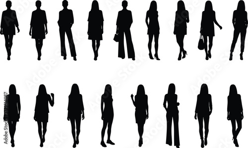 Women silhouette fashion set, stylish standing poses, black shadow figures, outfit diversity, posture reference, stock illustration, minimal design, gesture study