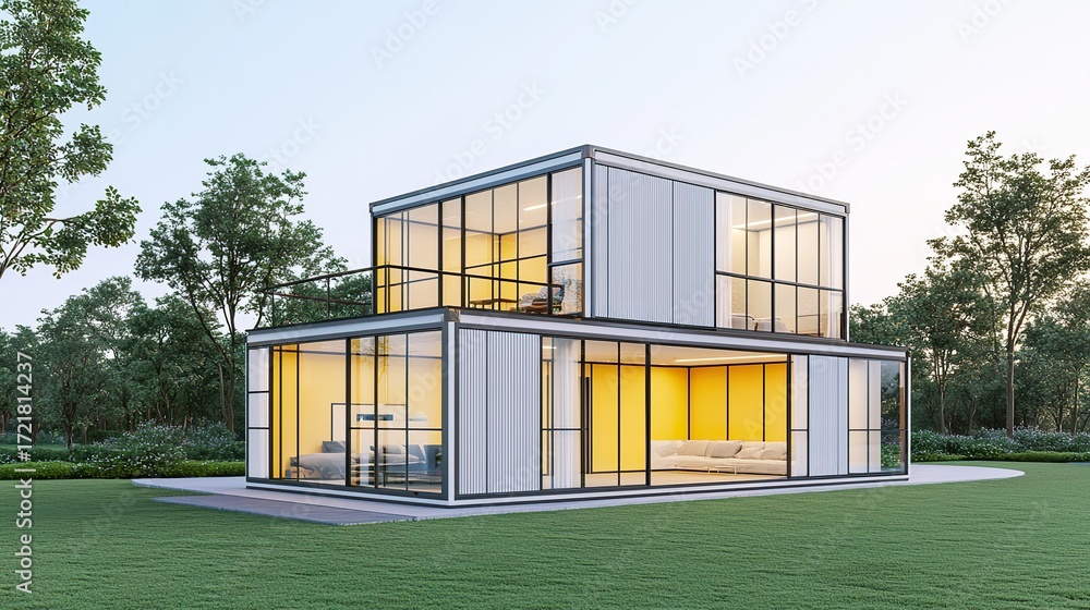 Obraz premium Modular smart home design with flexible walls, reconfiguring layout with a button press, adaptable living, future architecture. 