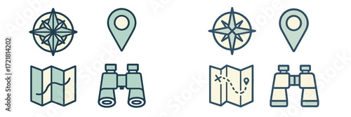 Exploring various navigation tools and symbols, highlighting maps and binoculars in a clean design