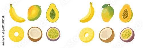 Fresh tropical fruits including bananas, papayas, mangos, and passion fruits arranged on a white background