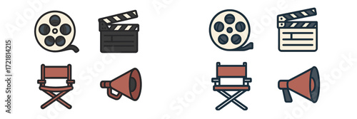 Film production elements including a movie reel, clapboard, director's chair, and megaphone in creative layout
