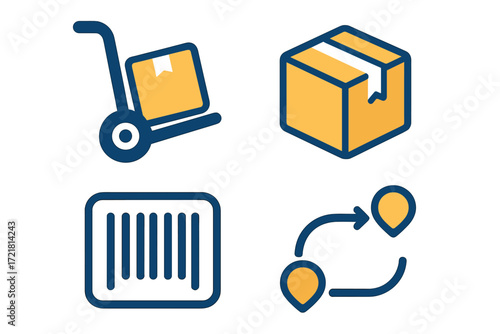 Delivery process symbols showcasing package handling, tracking, and logistics concepts in simple graphic form