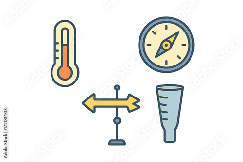 Meteorological tools showcasing temperature, direction, wind speed, and atmospheric conditions in a simple design
