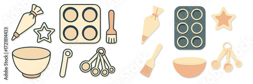 Kitchen tools for baking cookies and desserts with various utensils and molds displayed on a countertop