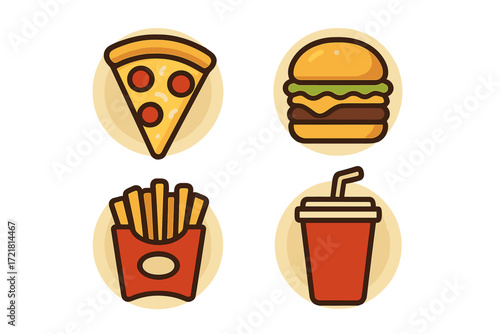 Delicious fast food spread with pizza, burger, fries, and soda set on a light background