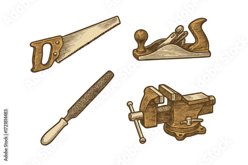 Classic woodworking tools including saw, plane, file, and vise arranged in an artistic layout for craft enthusiasts