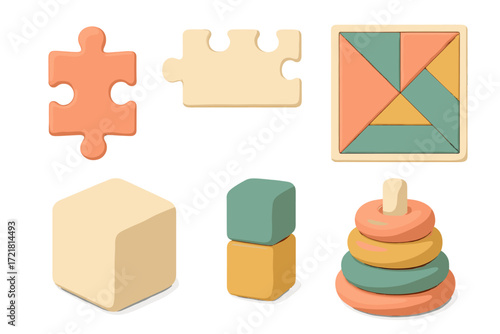 Colorful educational toys arranged on a white background for early childhood development and learning fun
