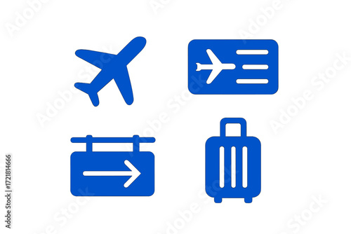 Travel symbols representing air travel, tickets, and luggage at an airport setting