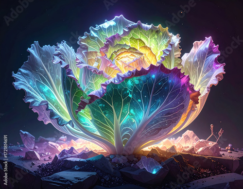 Iridescent lettuce glowing leaf crystal texture fantasy vegetable luminous garden rainbow color surreal plant night scene with wonder