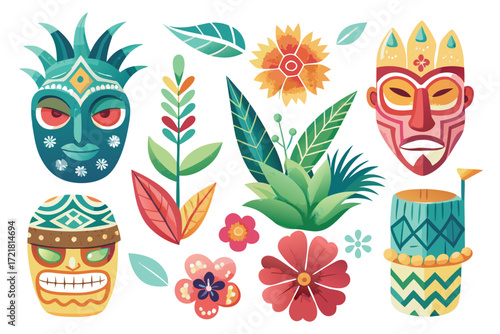 Vibrant tropical designs featuring masks, plants, and flowers in a colorful artistic style