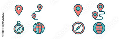 Various travel icons design showing maps, compasses, and location markers for navigation and exploration purposes