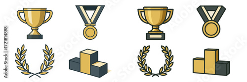 Trophies, medals, and laurel wreaths representing achievement and success in competitions