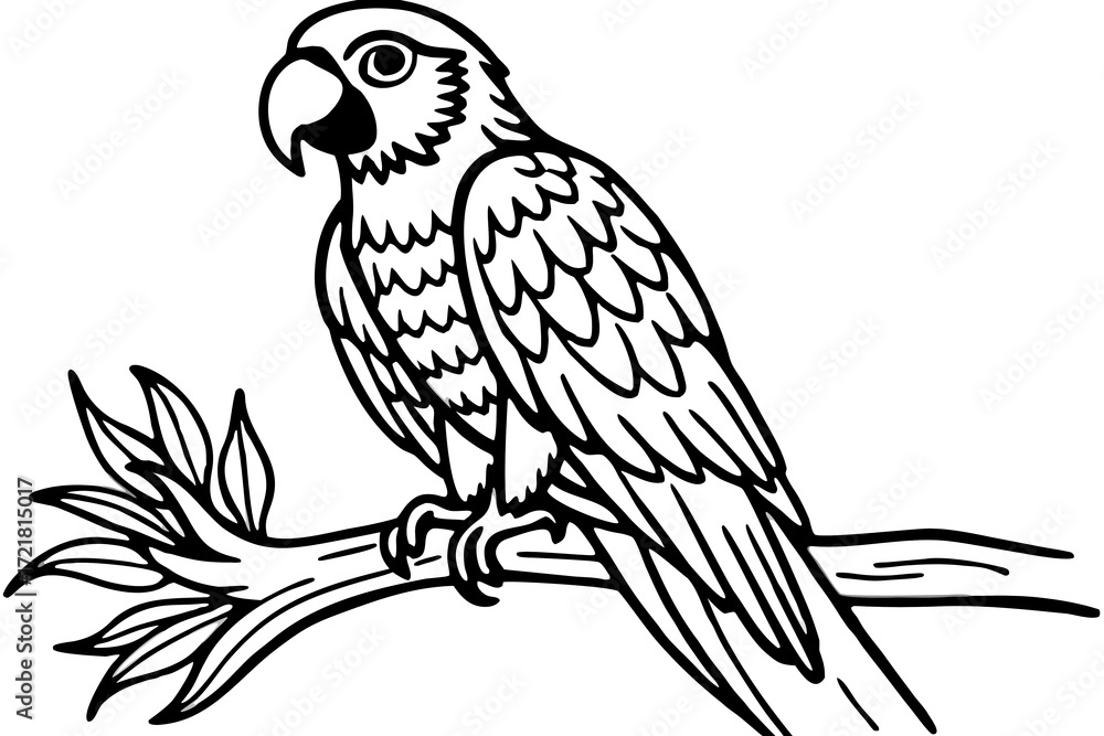 Fototapeta premium Line Art Illustration of a Parrot Perched on a Branch with Leaves on white background