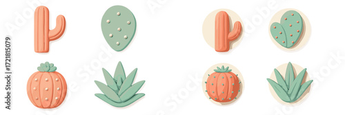 Colorful collection of clay cactus and succulent designs in soft pastel tones for crafts and decoration purposes