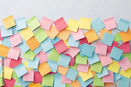 Scattered colorful sticky notes on light gray surface, forming a vibrant mosaic that symbolizes brainstorming, planning, and creative thinking