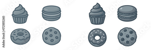 Various types of gray desserts including cupcakes, cookies, and donuts displayed in a simple design
