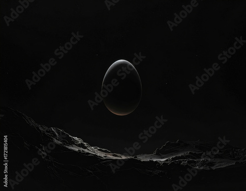 Floating egg black void harsh lighting top down minimal silhouette surreal night landscape with mysterious calm tension