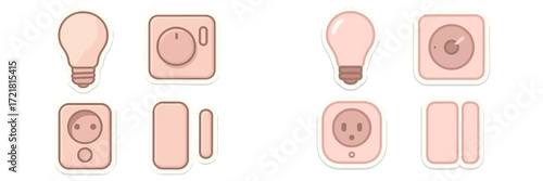 Different types of light switches and electrical sockets displayed in soft pastel colors for modern interior design