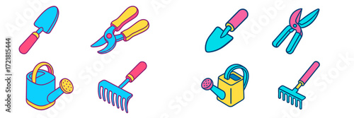Gardening tools in vibrant colors showcasing essential items for planting and maintaining gardens