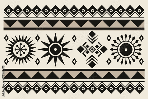 Geometric black and white pattern featuring suns and diamonds with tribal motifs