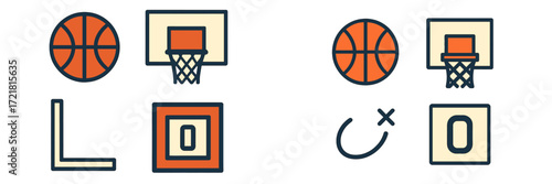 Basketball icons with hoops and balls in a fun design for sports enthusiasts and coaches highlighting game elements