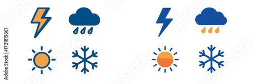 Weather symbols representing different conditions like rain, sun, snow, and storms in a simple design