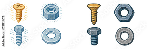 Collection of different types of screws and nuts displayed in a simple, artistic style for educational purposes