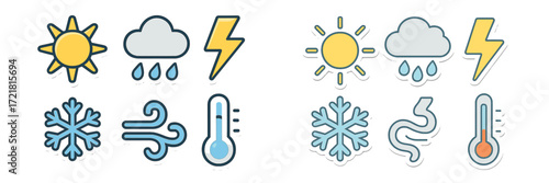 Weather icons representing sun, rain, lightning, snow, and temperature changes on a colorful background with modern design