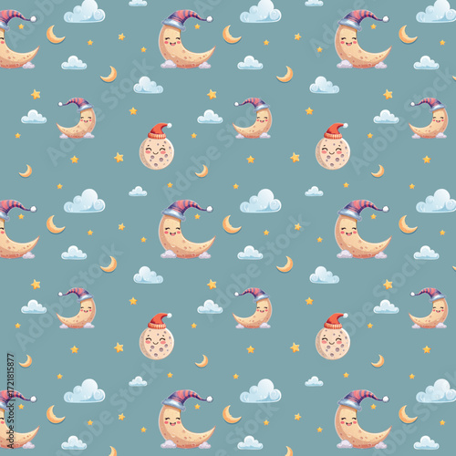 Cute Sleeping Moon and Stars Seamless Pattern with Clouds on Blue Night Sky