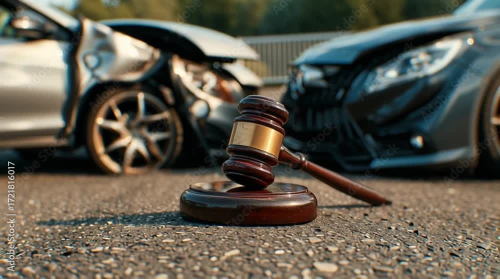 Vehicles Justice Gavel on Asphalt, Representing Legal Action, Insurance Claims, and ...
