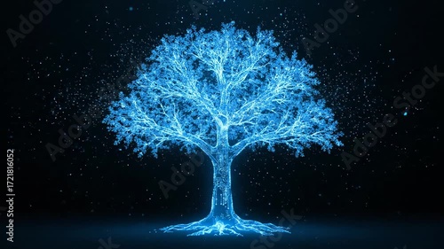 Digital Tree of Innovation - A luminous blue digital tree stands against a black background, representing technological innovation and the interconnectedness of the internet of things.