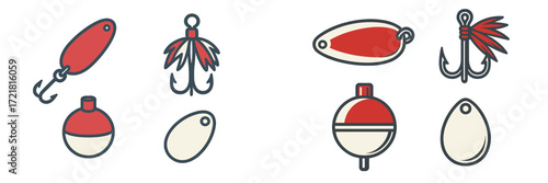 Fishing lures and bobbers displayed on a light background showcasing various designs and colors for fishing enthusiasts