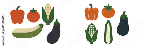 Colorful vegetables including peppers, tomatoes, corn, zucchini, and eggplant arranged in a playful design