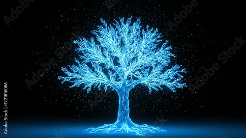 Glowing Blue Digital Tree, Technology Network - A luminous blue digital tree stands against a black background, representing interconnectedness, innovation, and the internet of things.