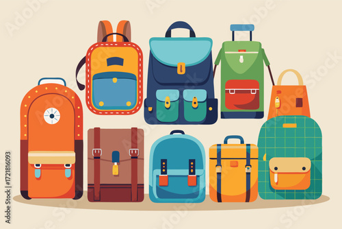 Colorful collection of various backpacks and travel bags designed for everyday use and adventure