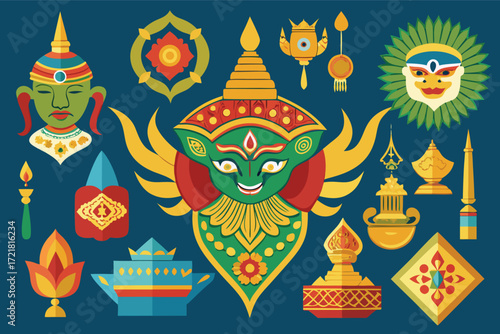 Colorful traditional art symbols representing cultural heritage and festivals in a vibrant collection