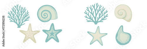 Colorful sea life elements including shells, coral, and starfish on a light background perfect for ocean-themed designs