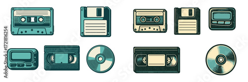 Collection of vintage multimedia devices showcasing audio and data storage technology from the past