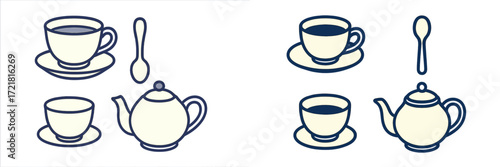 Different types of cups, spoons, and teapots are illustrated in a simple and clean design, showcasing various drinkware styles