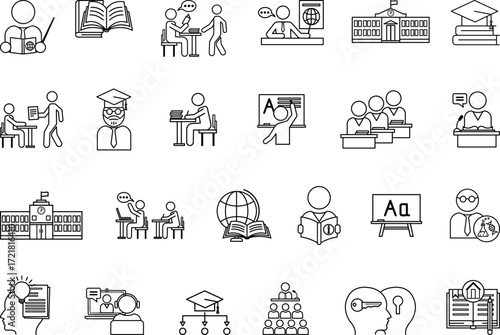 Teacher Icon Set. Vector Illustrations: School, Classroom, Books, Teacher, Scientist, Lecturer, Lesson, Online Learning, Study, Mentor, Professor, Homework, University, Chalkboard, and More