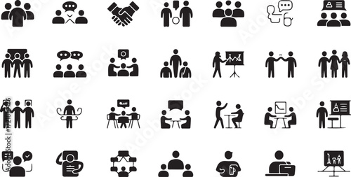 Collection of black and white business meeting and teamwork icons collaboration discussion